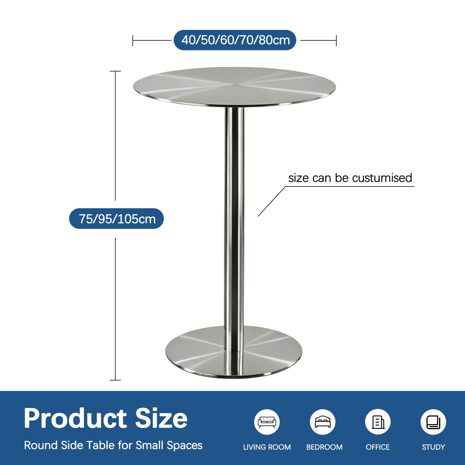Tavolo da bistrot in acciaio inox di grado commerciale per bar e patio, 60 x 60 x 75 cm, rotondo, piccolo, tavolo da pranzo e cocktail, ideale per uso interno ed esterno