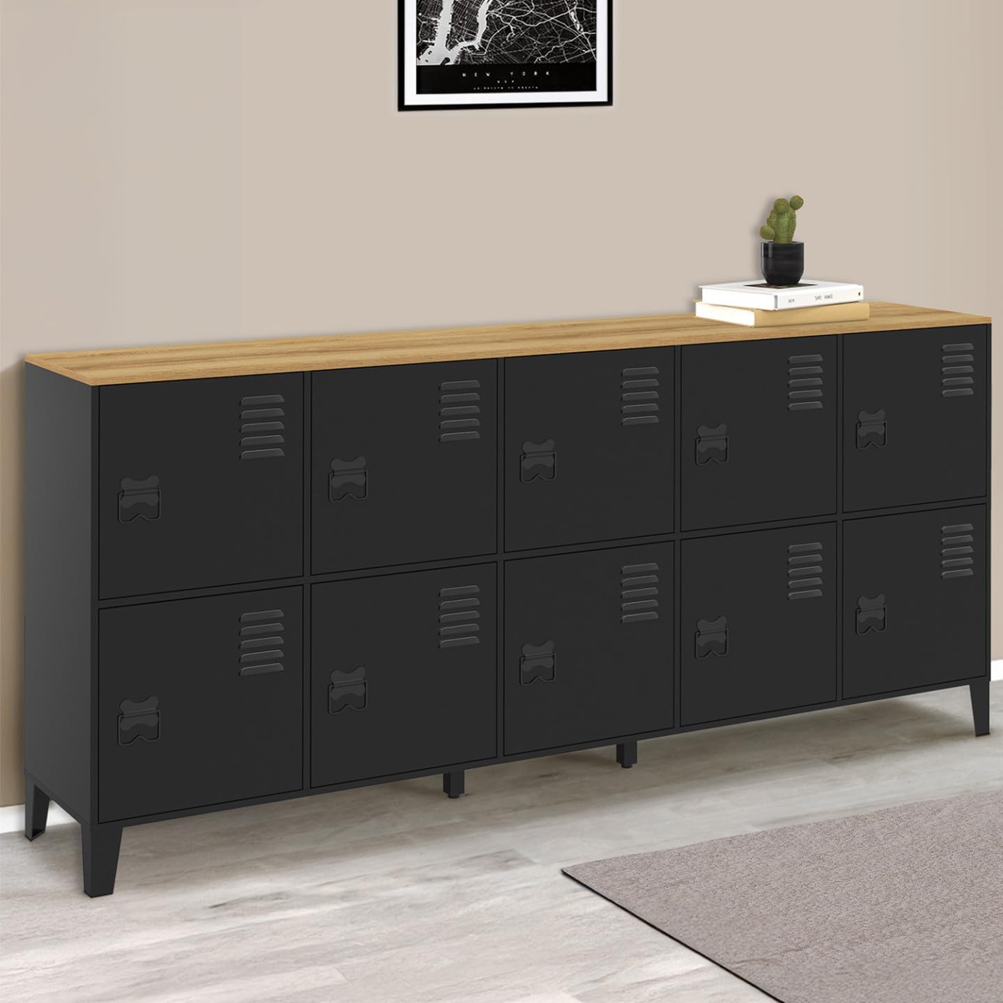 IDMarket – Aparador de armario 180 cm Ester 10 puertas de metal negro bandeja madera diseño industrial