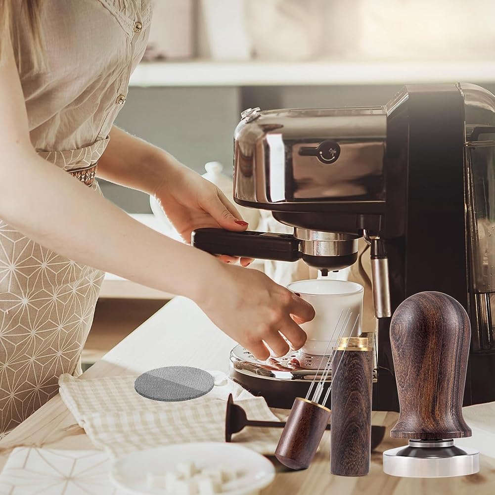 Set Pressacaffè Da 51 Mm In Legno Di Noce E Acciaio – Kit Barista Professionale Con Agitatore Per Espresso