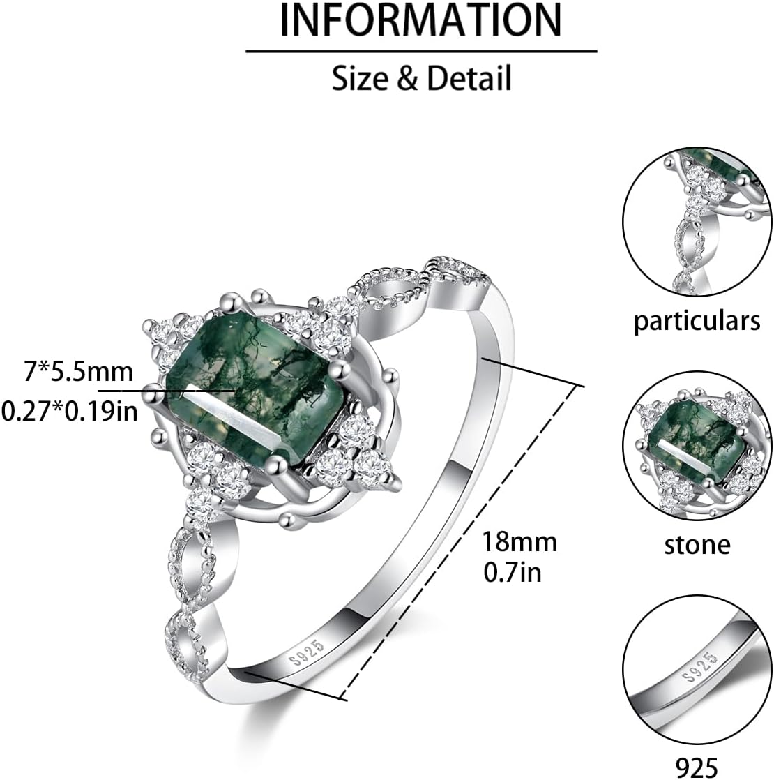 Natural Moss Agate Ring 925 Sterling Silver Engagement Promise Ring for Women Mother's Day Jewelry Gifts (9, Silver) - Image 6