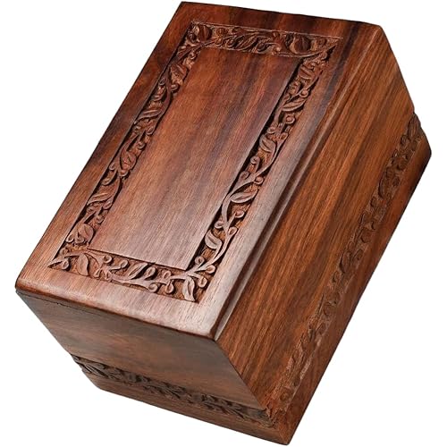 SOULURNS Border Engraved Rosewood Cremation Urn for Human Ashes Medium 80 Cubic Inches Decorative Wood Urns Memorial Urn Funeral Urns for Adults Wooden Urn for Men Women Rosewood pet urn