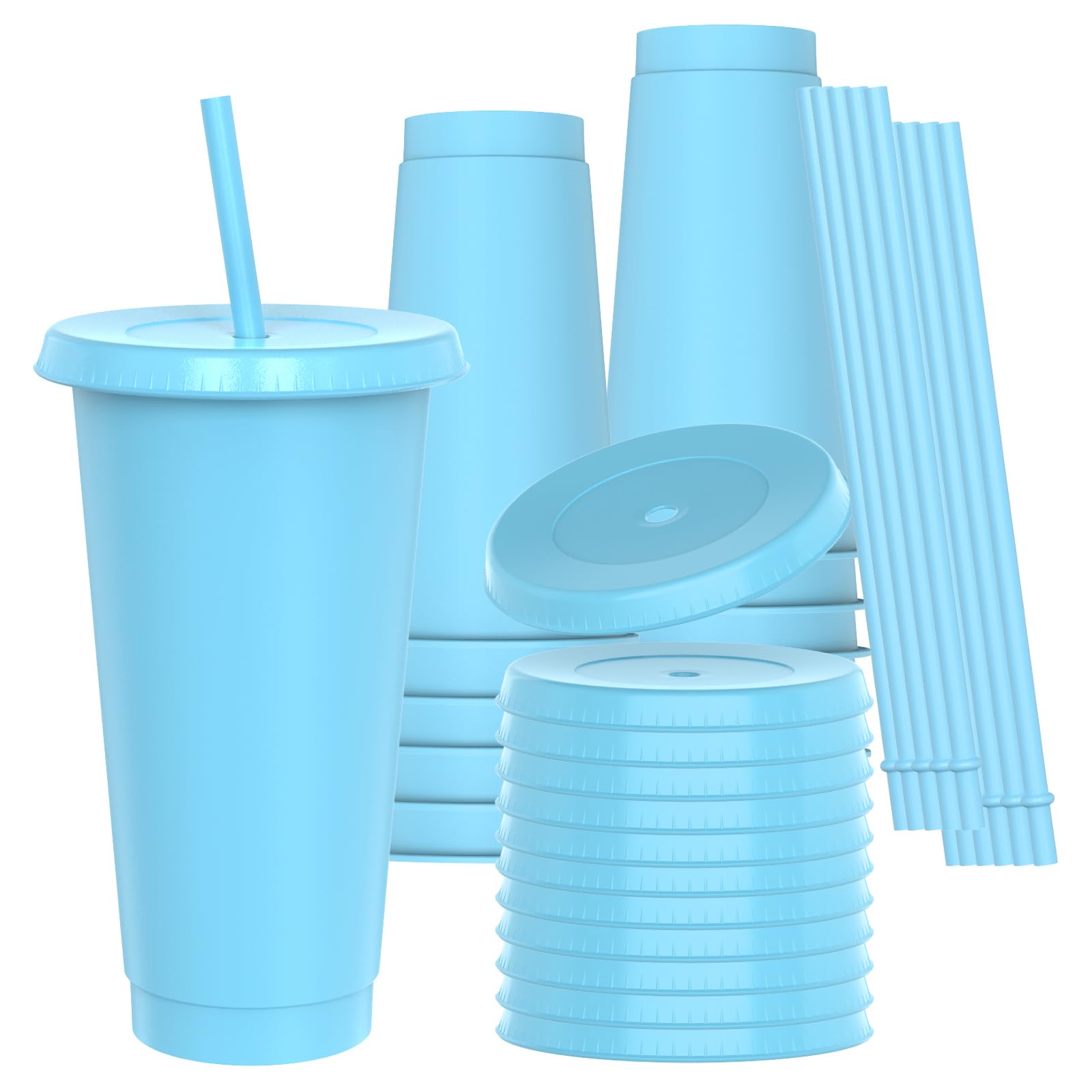 OZMOJOO 710 ml Plastic Cups With Lids and Straws - 12 Packs, Blue