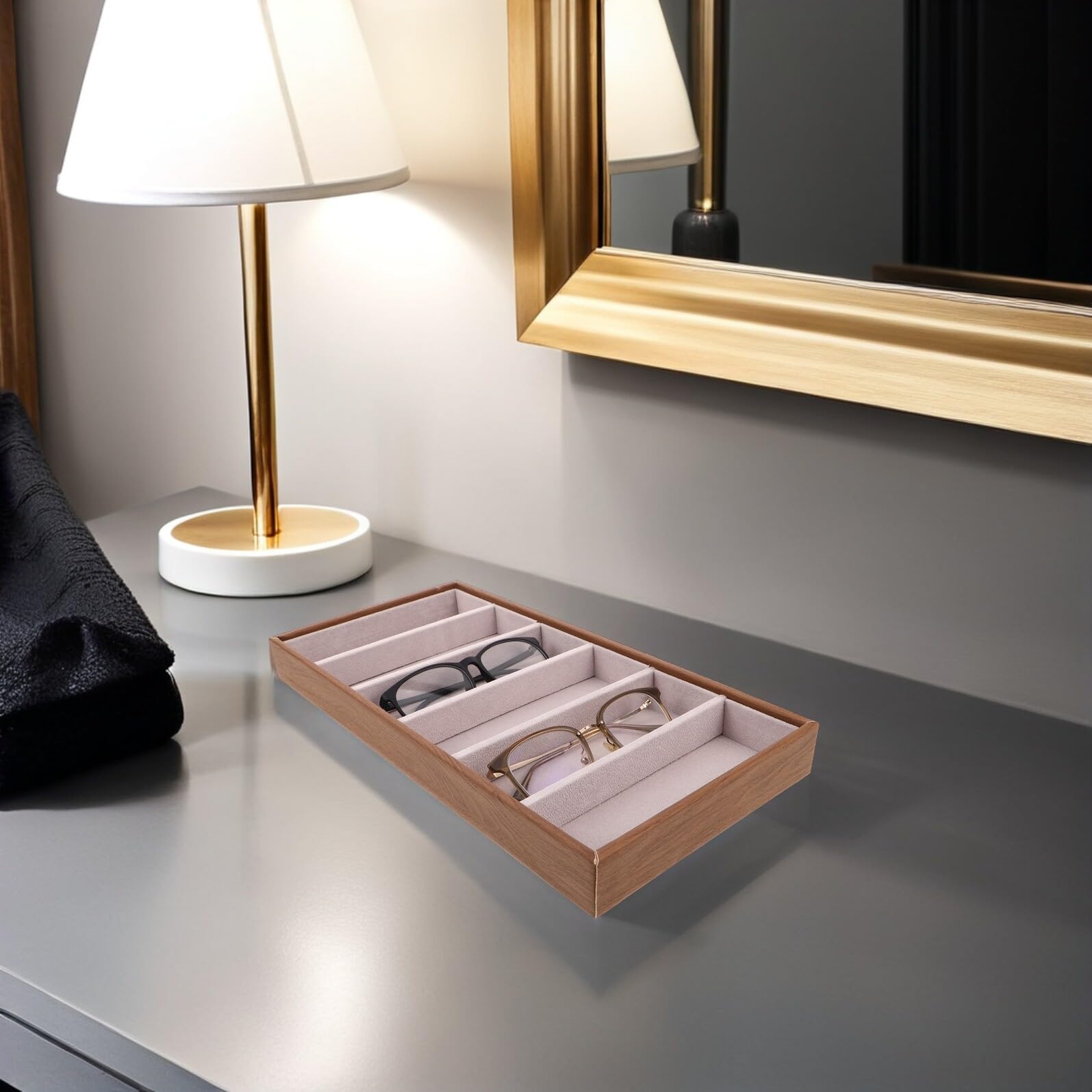 Housoutil Bandeja Organizadora de Gafas de Sol de Madera Compartimentos para Joyas, Estuche Rígido para Almacenamiento en Mesita de Noche, Exhibidor Multifuncional para Gafas y Accesorios