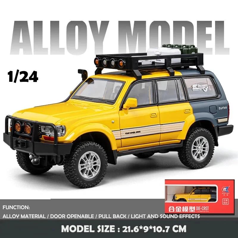 Image of 1:24 Scale Diecast Land Cruiser LC80 Model Car - Metal Pull Back Toy with Opening Doors, Lights & Sounds - Collectible Toy SUV for Boys Age 3-8, Certified Safe Gift for Kids (Yellow)