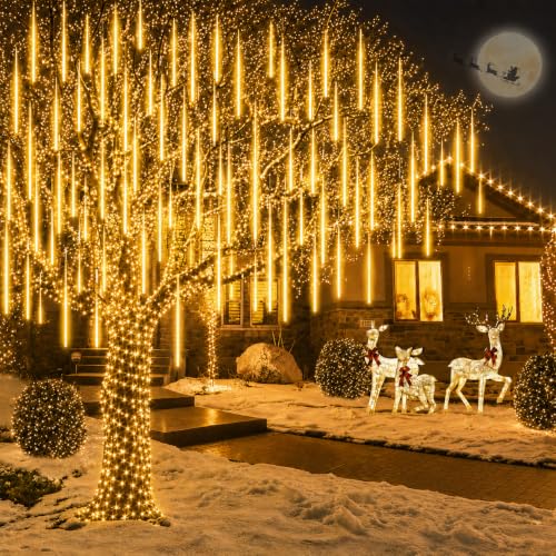 Image of Gesto 8 Stick Meteor Shower LED Lights 30cm, 192 LEDs Icicle Falling Rain Drop Tube Lights for Diwali, Christmas, New Year, Home & Outdoor Decoration, Balcony, Tree, Party Decor - Warm White