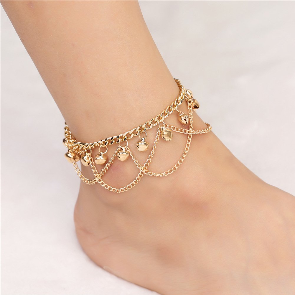 FLYYQMIAO Boho Bells Ankle Bracelets Gold Tassel Pendant Anklet Bells Layered Barefoot Sandals Foot Jewelry for Women and Teen Girls Adjustable 11