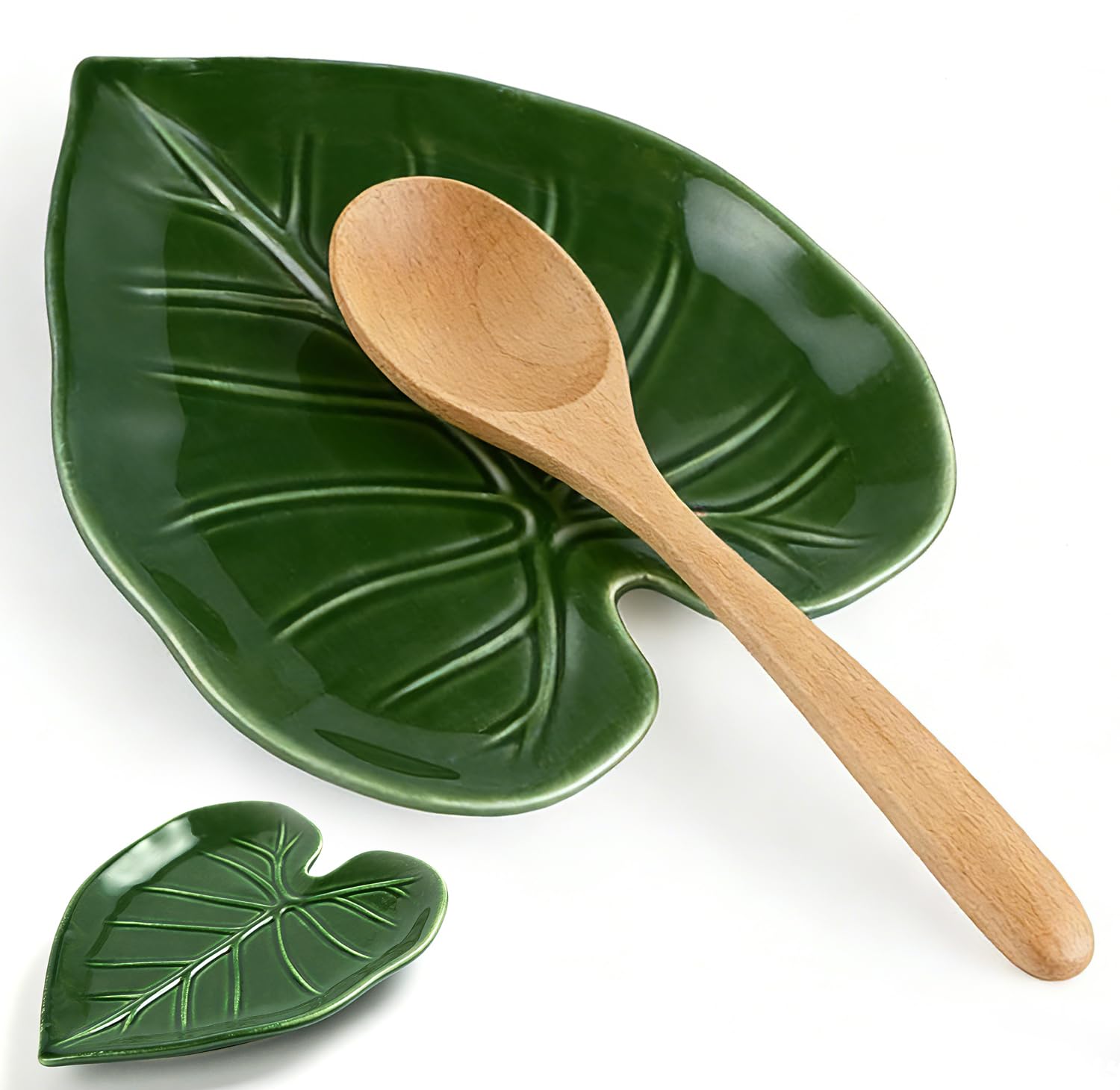 Cute Leaf Ceramic Spoon Rest, Keeps Counters Clean, for Stove Top and Kitchen Counter, Decorative Green Spoon Holder, Kitchen Decor Gift