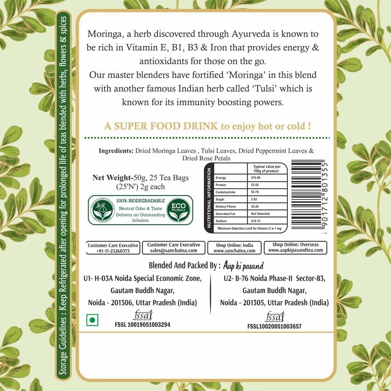 Image of Sancha Tea Boutique Moringa Tulsi Herbal Infusion, Caffeine-Free Wellness Tisane for Energy Support, 25 Pyramid Tea Bags