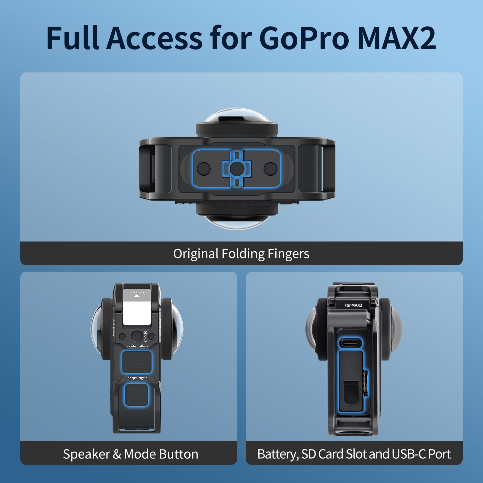 Nitze Cage pour Caméra GoPro Max 2, Cage de Protection en Alliage d'Aluminium avec Griffe Intégrée et Trou de Positionnement 1/4" pour Microphone et Lampe LED - T-GP04A