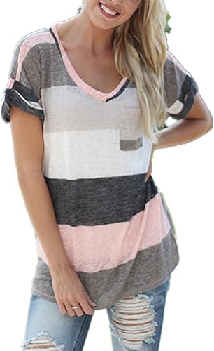 Miniatura 3 de Q&Y blusa informal de manga corta, escote en V, rayada, para mujer, Classic, US XL(etiqueta XXL), gris