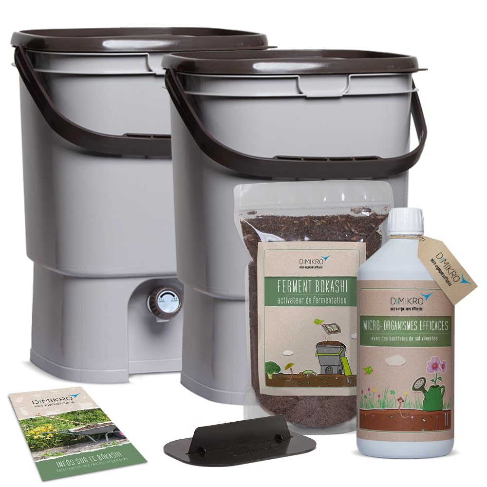 Kit de démarrage Bokashi - Design japonais - 2 seaux (gris) + ferment Bokashi + EM actif + brochure Bokashi