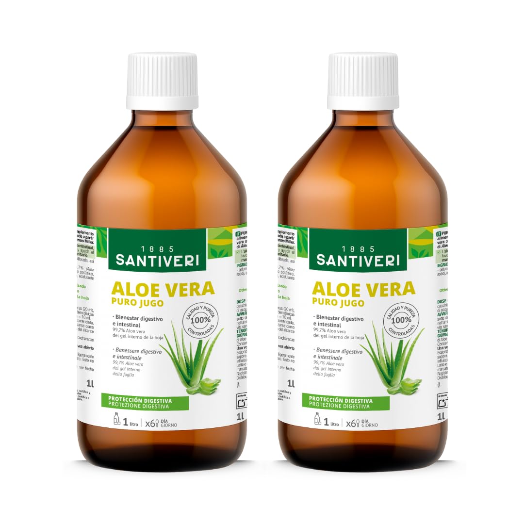 SANTIVERI - Aloe Vera Jugo, Complemento Alimenticio a Base de Jugo de Aloe Vera, Ayuda con el Bienestar Digestivo e Intestinal, Sin Gluten, Vegano - Pack de 2 x 1 L