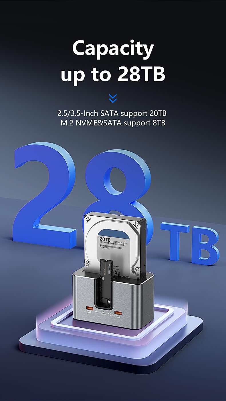 Station d'accueil pour Disque Dur, Station d'accueil USB 3.2 10 Gbps, boîtier SSD Externe en Aluminium à Double Baie USB C pour lecteurs M.2 NVMe/SATA et SSD/HDD SATA 2,5''/3,5''