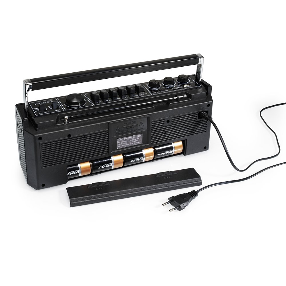 Ricatech PR 1980 reproductor de potencia, radiocasetera, casete, reproductor de cintas, radio AM, FM, SO 3 bandas sonoras, admite tarjetas USB y SD, Negro
