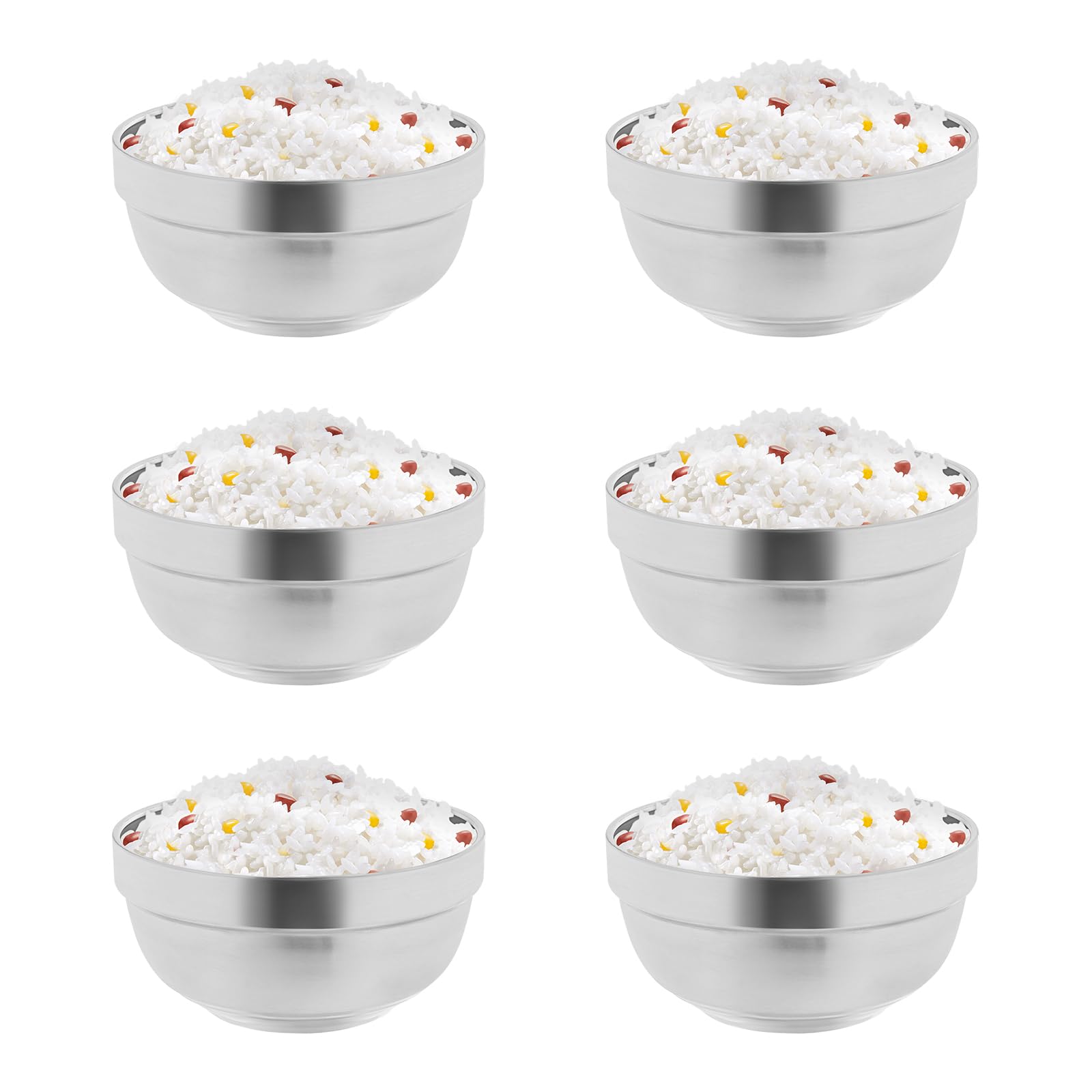 6 cuencos de acero inoxidable, doble pared, 13 x 6,5 cm, de acero inoxidable, doble pared, multiusos, para arroz, cereales