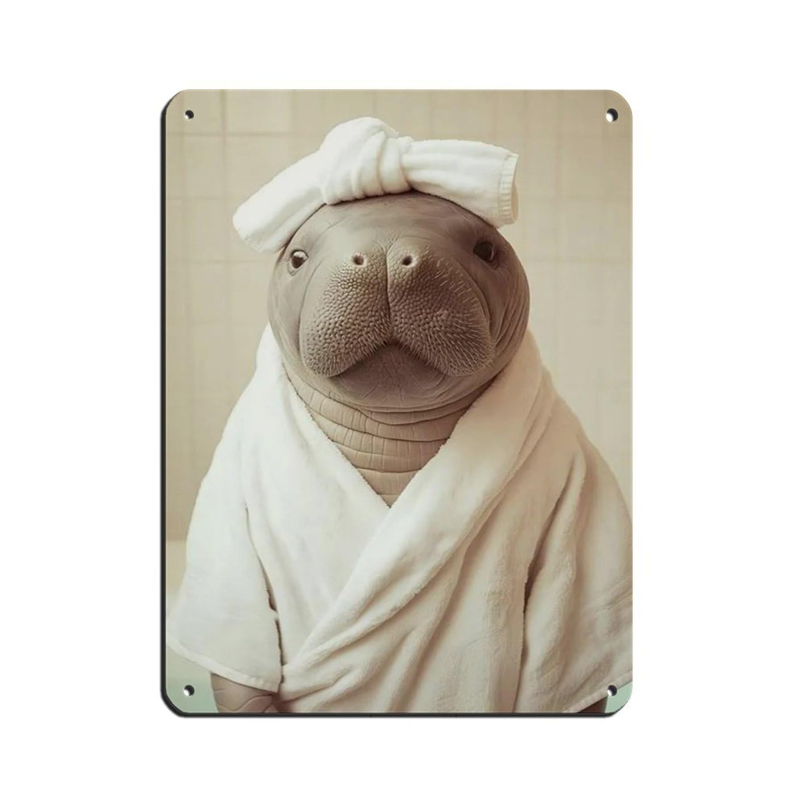 Manatee Wearing A Bathrobe, Bathroom Art Tin Sign Vintage Metal Pub Club Cafe Bar Home Wall Art Decoration Poster Retro 12x16inch(30x40cm)