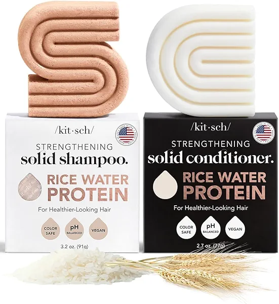 Kitsch Rice Water Protein Solid Shampoo and Conditioner Set for Hair Growth – Strengthening Hair Care Duo w/Rice Protein & Vitamins for Damage Repair – Paraben, Sulfate & Silicone Free, Made in USA