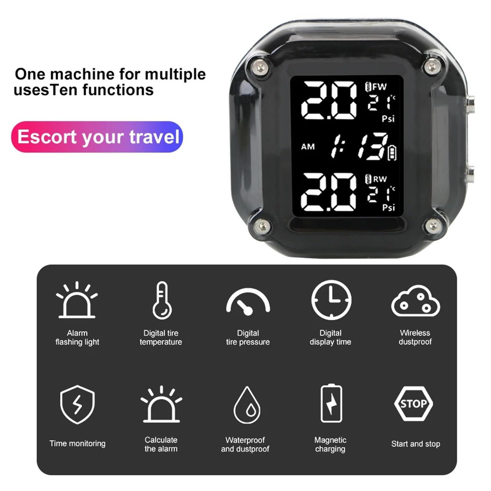 Monitor ciśnienia w oponach System alarmowy monitorowania ciśnienia w oponach motocyklowych TPMS Wyświetlacz LCD z 2 czujnikami zewnętrznymi Bezprzewodowy Cyfrowy miernik ciśnienia w oponach