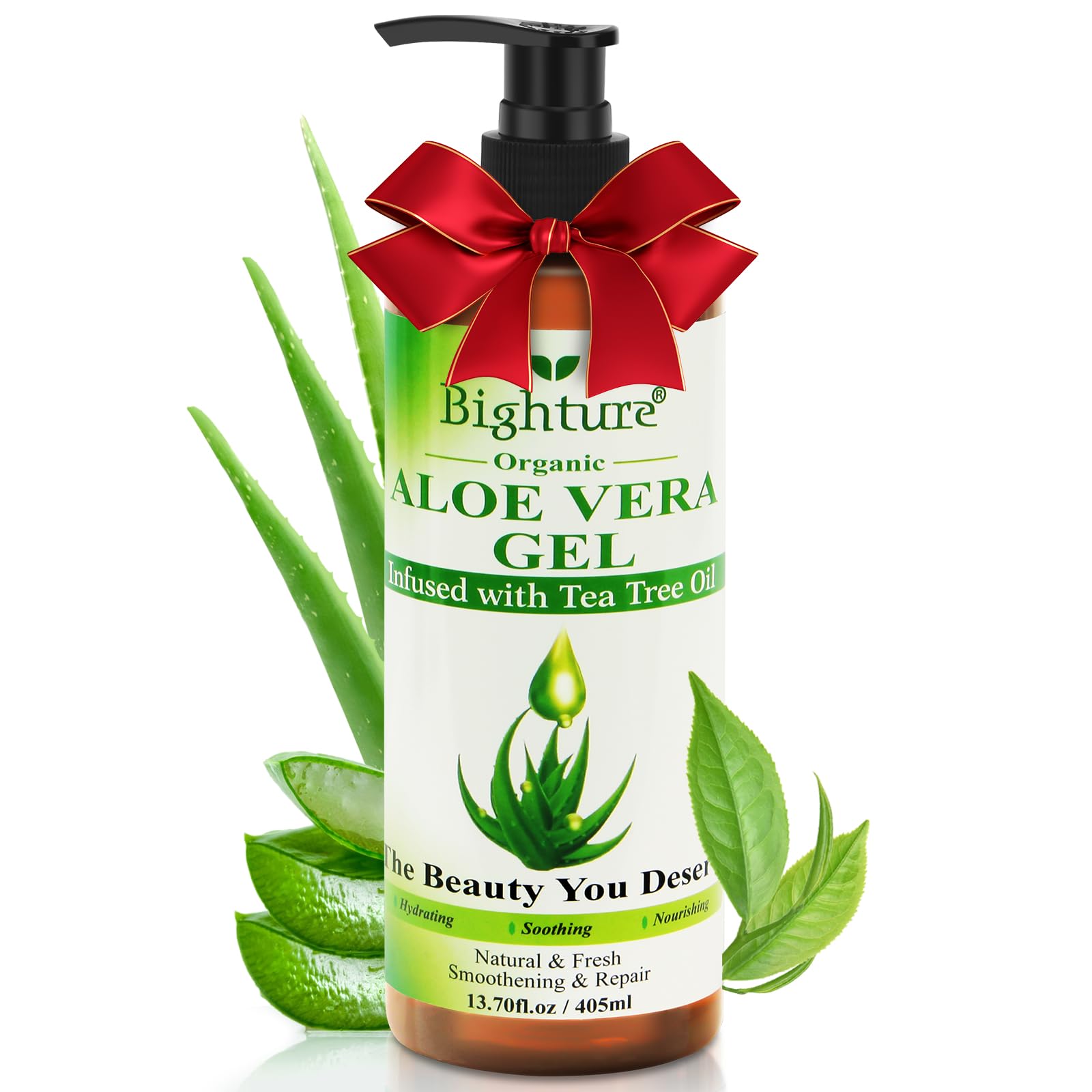 BIGHTURE Aloe Vera Gel with Tea Tree Oil for Face, Skin, Hair, Sunburn relief, Aloe Vera Gel from Freshly cut 100% Pure Aloe,13.7oz