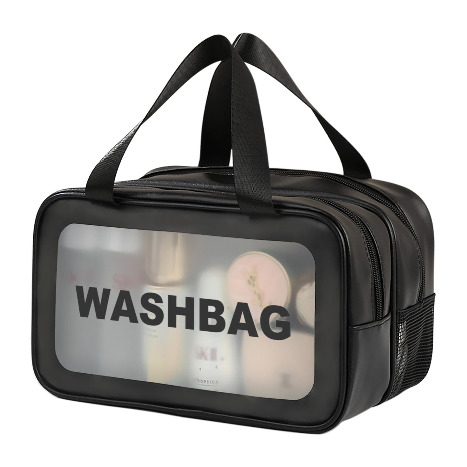 DAPOWERTravel Toiletry Bag for Women and Men, Matte Translucent Shower Bag with Handy Handle, Makeup Cosmetic Organizer Bag for Travel Toiletries Accessories (B - Black)