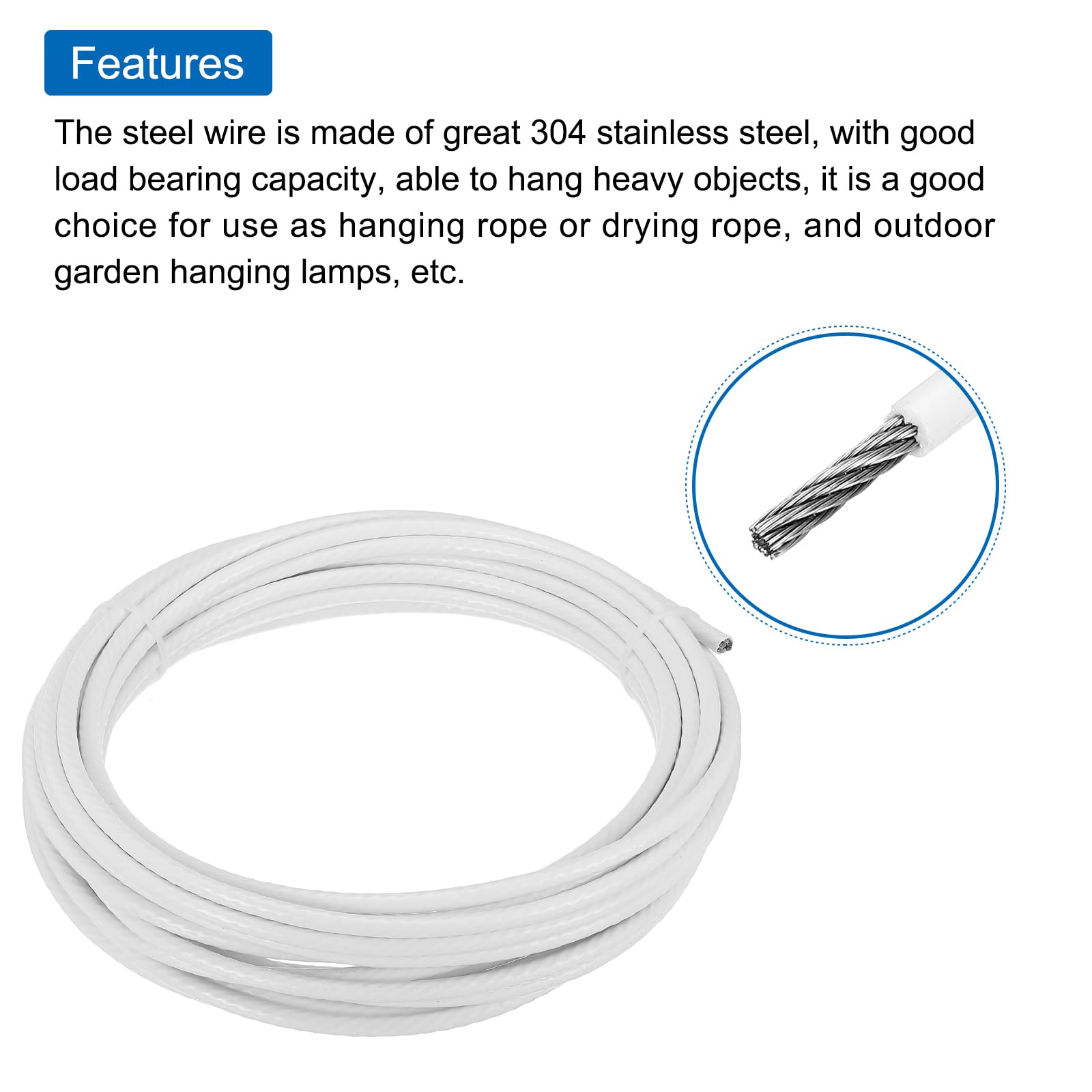QUARKZMAN Cable De Acero Inoxidable 304 De 10m Con Recubrimiento De Vinilo De 6mm (1/4") Con 4 Manguitos De Aluminio Y Ojal Para Barandales, Cubiertas, Colgado, Líneas De Ropa, Blanco