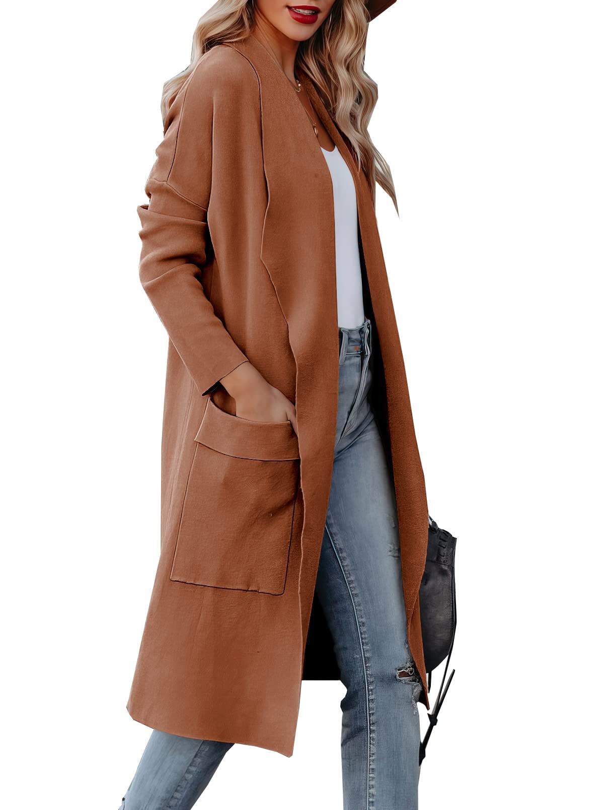 kinstell Lässige Damen-Strickjacke, langärmelig, vorne offen, drapiert, Lange Strickjacke, Jacken, Pullover, Mantel, Blazer mit Taschen