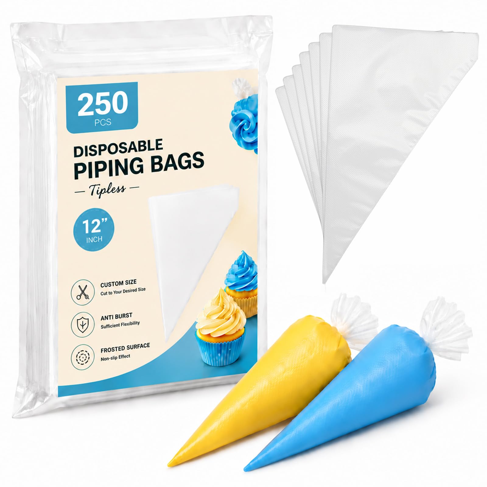 250 Pcs Disposable Piping Bags 12 Inch, Tipless Icing Piping Bags Non-Slip Anti Burst Disposable Pastry Bags for Cream Frosting, Cakes, Chocolate, Cupcakes and Cookies Decoration Supplies
