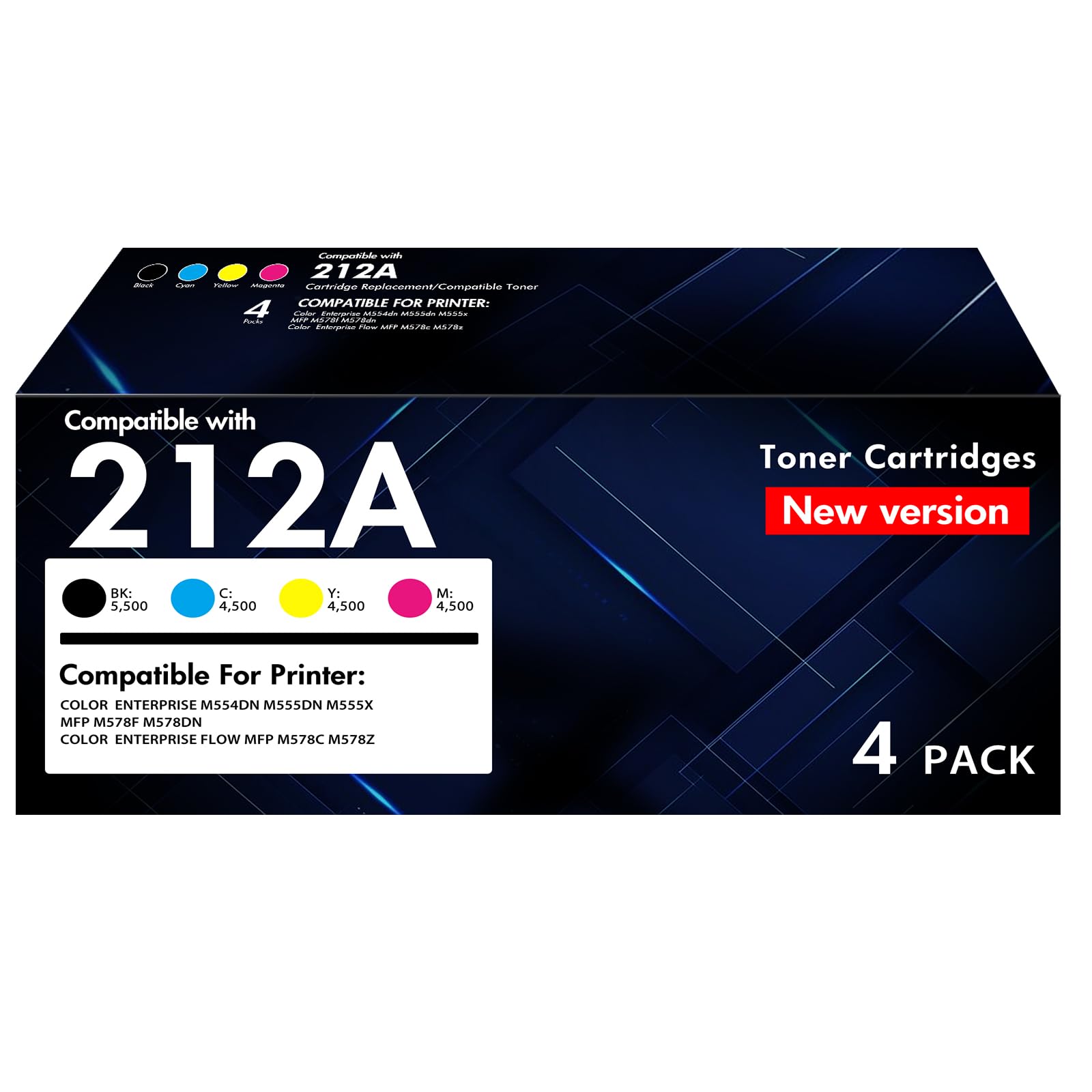 212A 212X Toner Cartridges 4 Pack (with Chip) Compatible for HP 212A 212X W2120A W2120X for HP Color LaserJet Enterprise M555dn M554dn M555x M555 M554 Series Printer Ink (New Version-BK/C/Y/M)