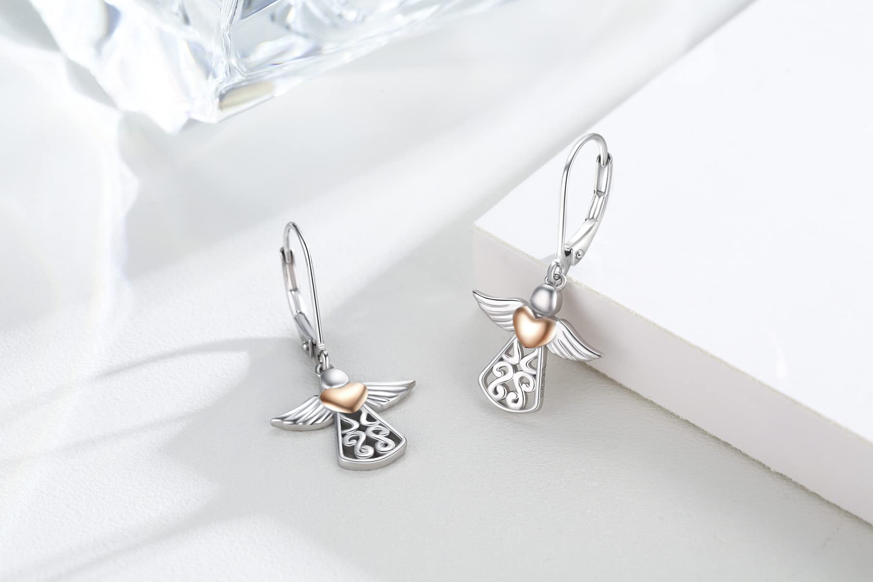 Pendientes de ángel de la guarda de plata de ley 925 con cierre de palanca de ángel con estrella y ángel, aretes de aro colgantes de ángel para mujer, Plata