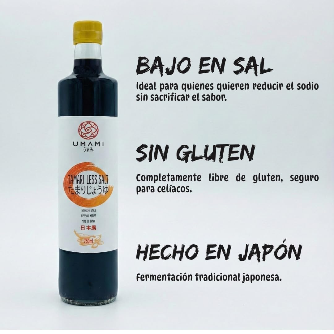 Umami Salsa de Soja Menos Sal 750ml - Baja en Sodio - Producida en Japón para Sushi y Wok