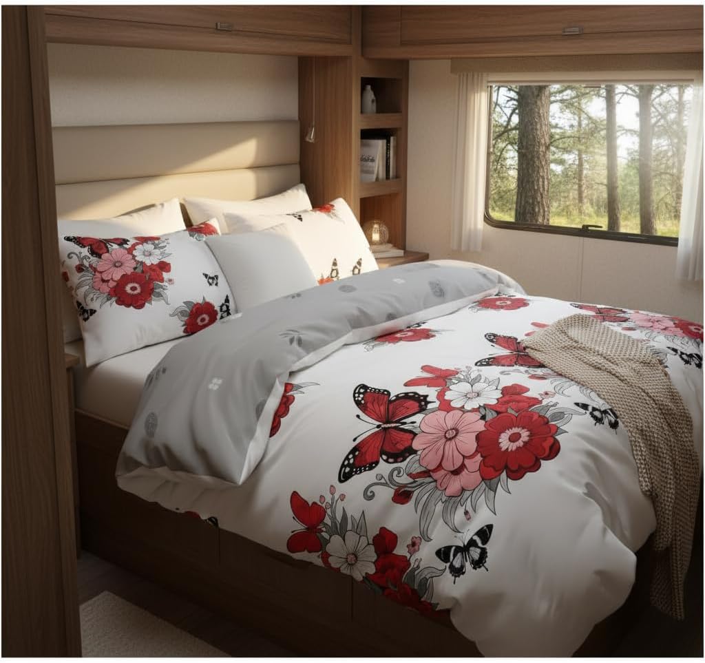 CozyCreatures Duvet Cover Queen Size Red 4-Piece Queen Duvet Cover Vintage Bohe Floral Red Butterflies Bedding Set Comforter Cover with Zipper Closure 4 Corner Ties 1 Fitted Sheet 2 Pillowcases