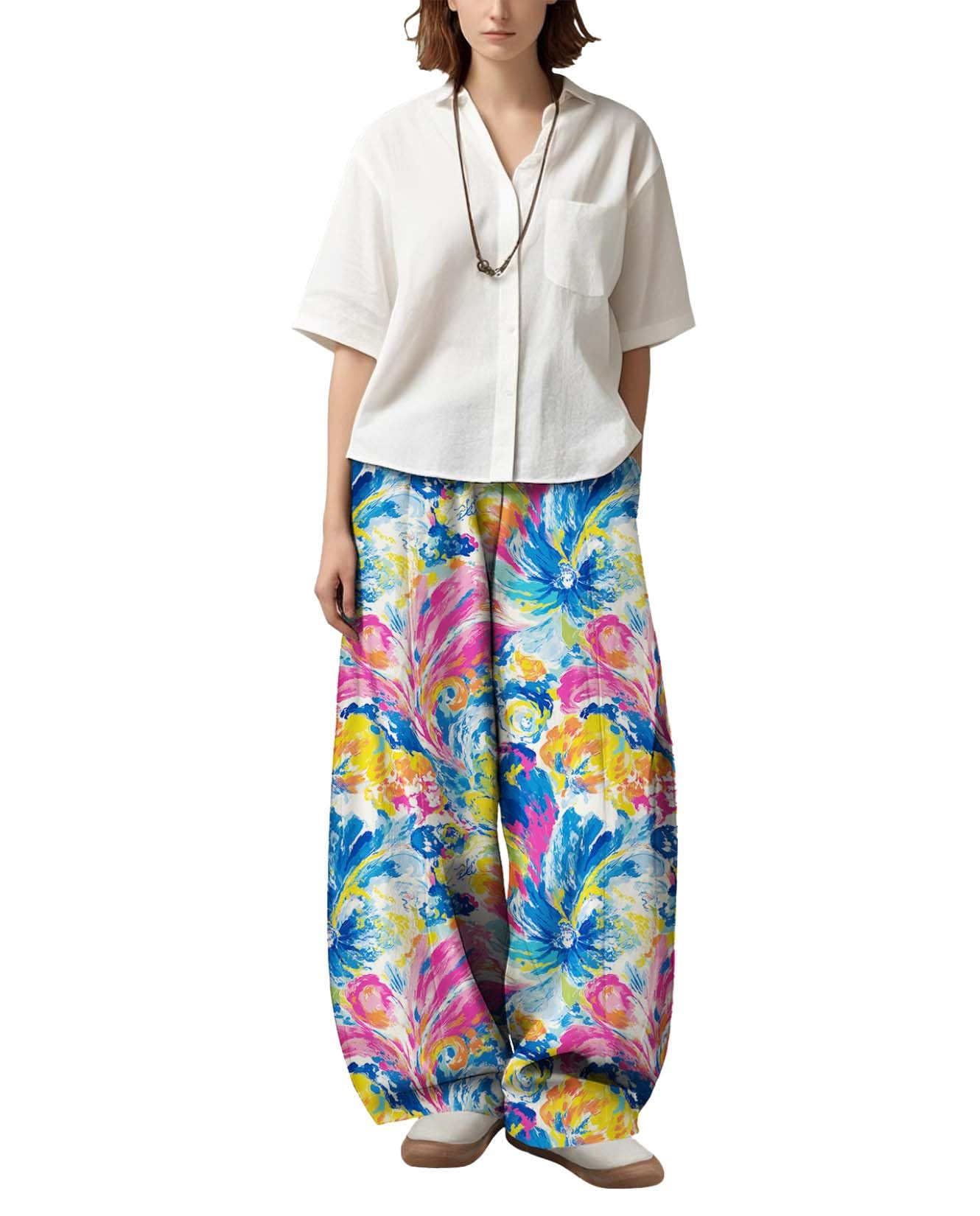 Womens Boho Floral Printed Pants Elastic Waist Wide Leg Casual Trousers Loose Fit Pant with Pockets for 2025