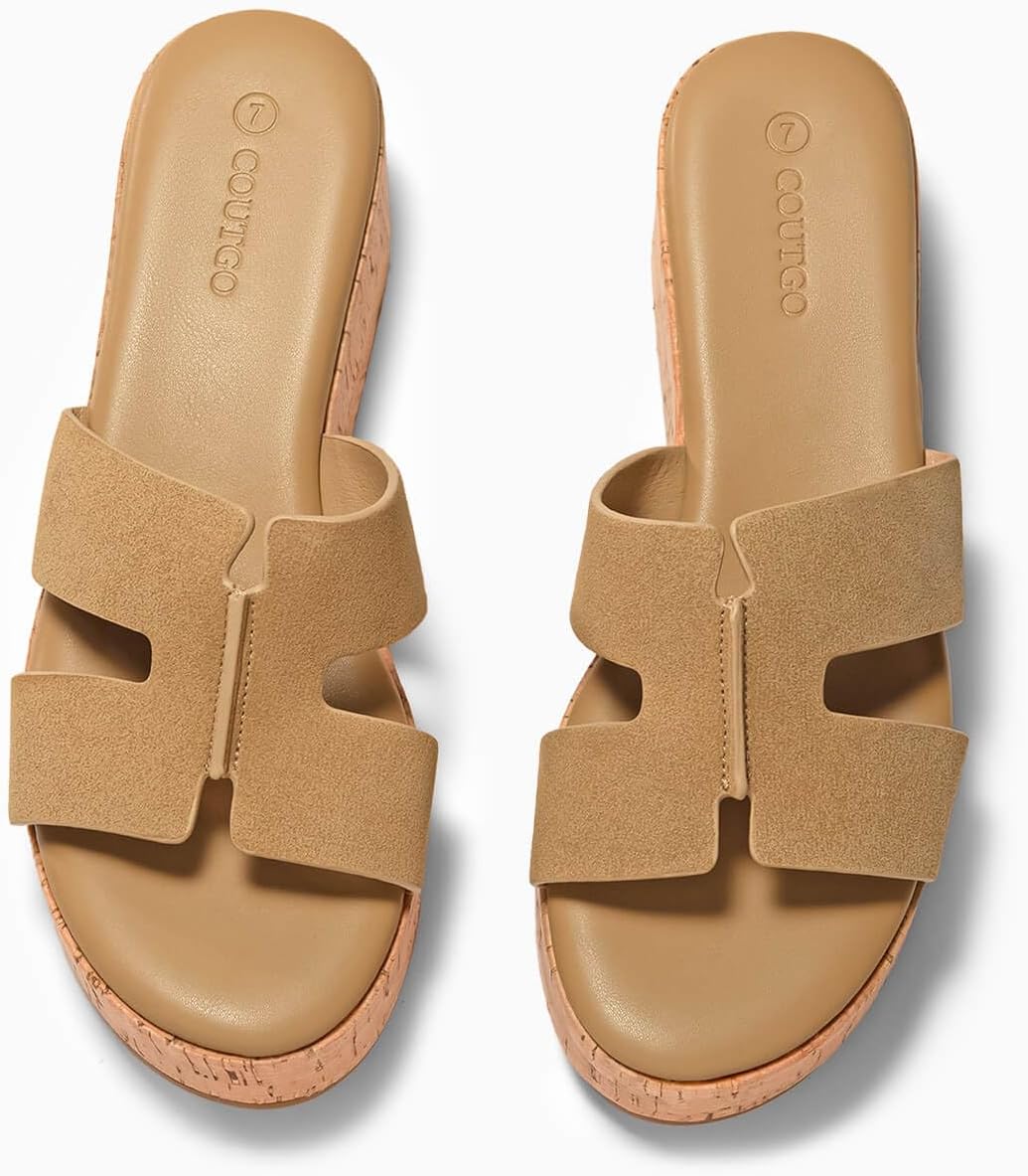 Coutgo Women's Platform Wedge Sandals Open Toe Slip On Slides Cork Heeled Cutout Comfortable Summer Shoes - Image 5