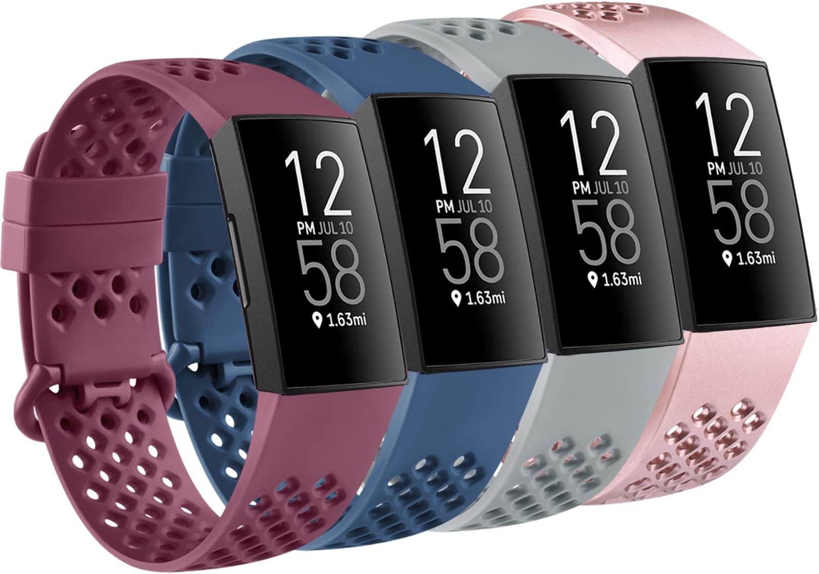 Mugust 4 Pack Sport Bands Compatible with Fitbit Charge 4 / Fitbit Charge 3 / Charge 3 SE, Silicone Breathable Replacement Wristband for Women Men, Gray/Rose Gold/Navy Blue/Wine Red, Small