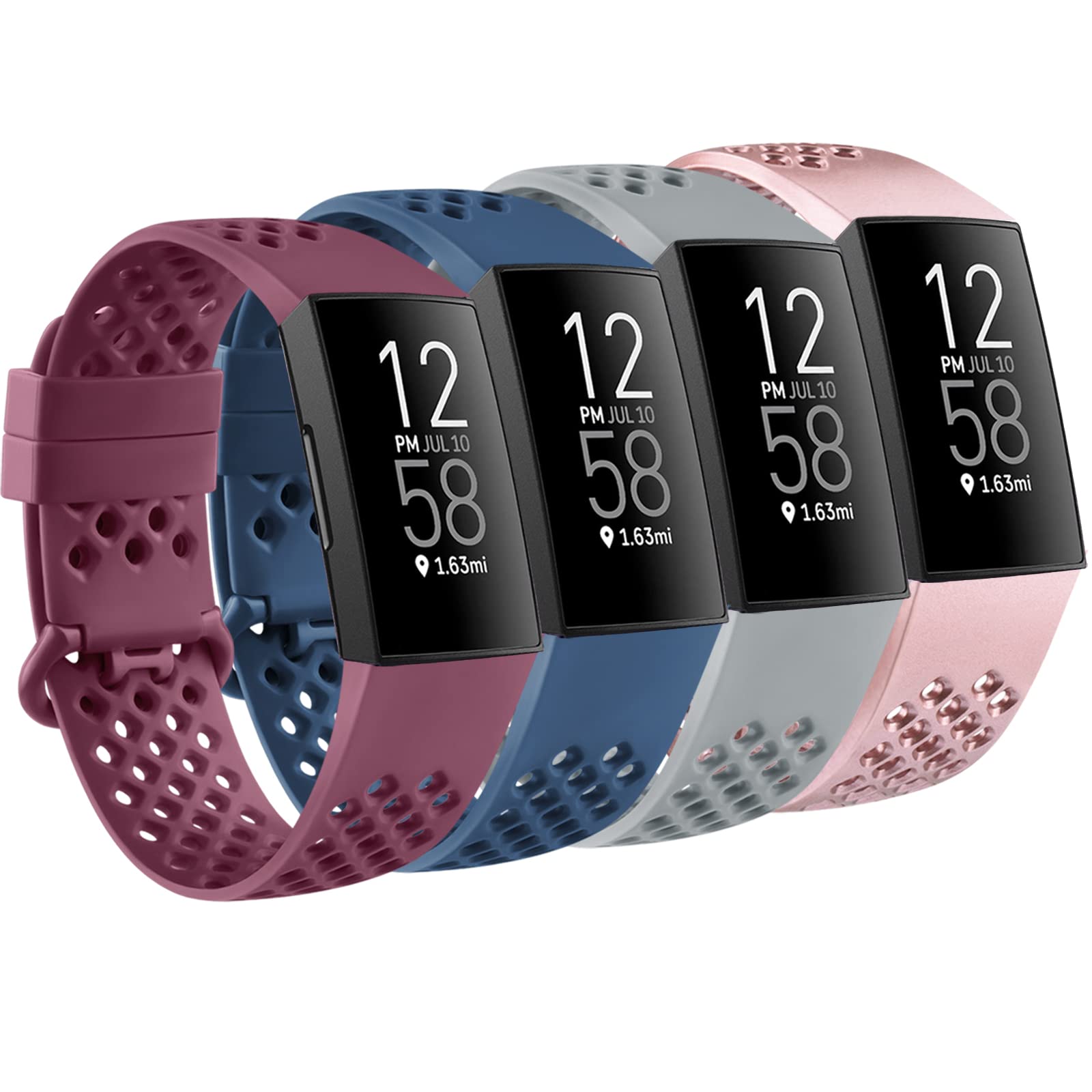 Mugust 4 Pack Sport Bands Compatible with Fitbit Charge 4 / Fitbit Charge 3 / Charge 3 SE, Silicone Breathable Replacement Wristband for Women Men, Gray/Rose Gold/Navy Blue/Wine Red, Small