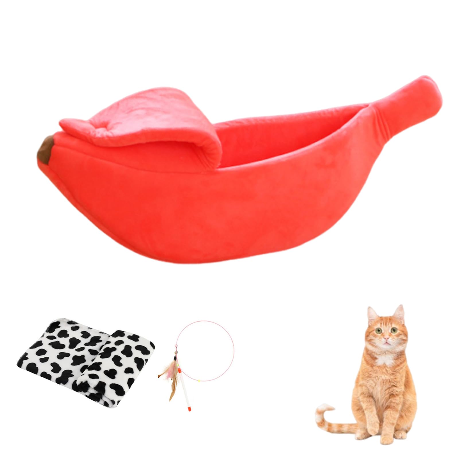 Banana Bed for Cats, Creative Banana Shape Pet Bed, Cute Breathable Cozy Warming Pet Sofa Bed for Cats Small Dogs Universal in All Seasons (Red+Blanket, 55 * 20 * 15cm)
