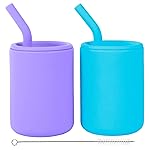 WeeSprout Silicone Baby Cups With Straws and Lids, 4 & 8 oz Options, Set of 2, Food Grade Toddler Training Container, Built In Straw Stoppers, Measurement Markings, Dishwasher Safe + Straw Cleaner