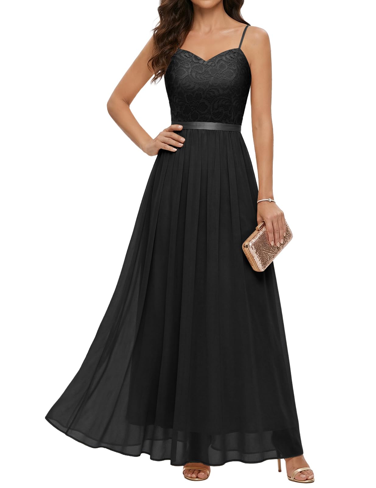 DRESSTELLS Abito formale da donna, lungo, per damigella d'onore, matrimonio, ospiti, modesto, ballo di fine anno, cocktail party
