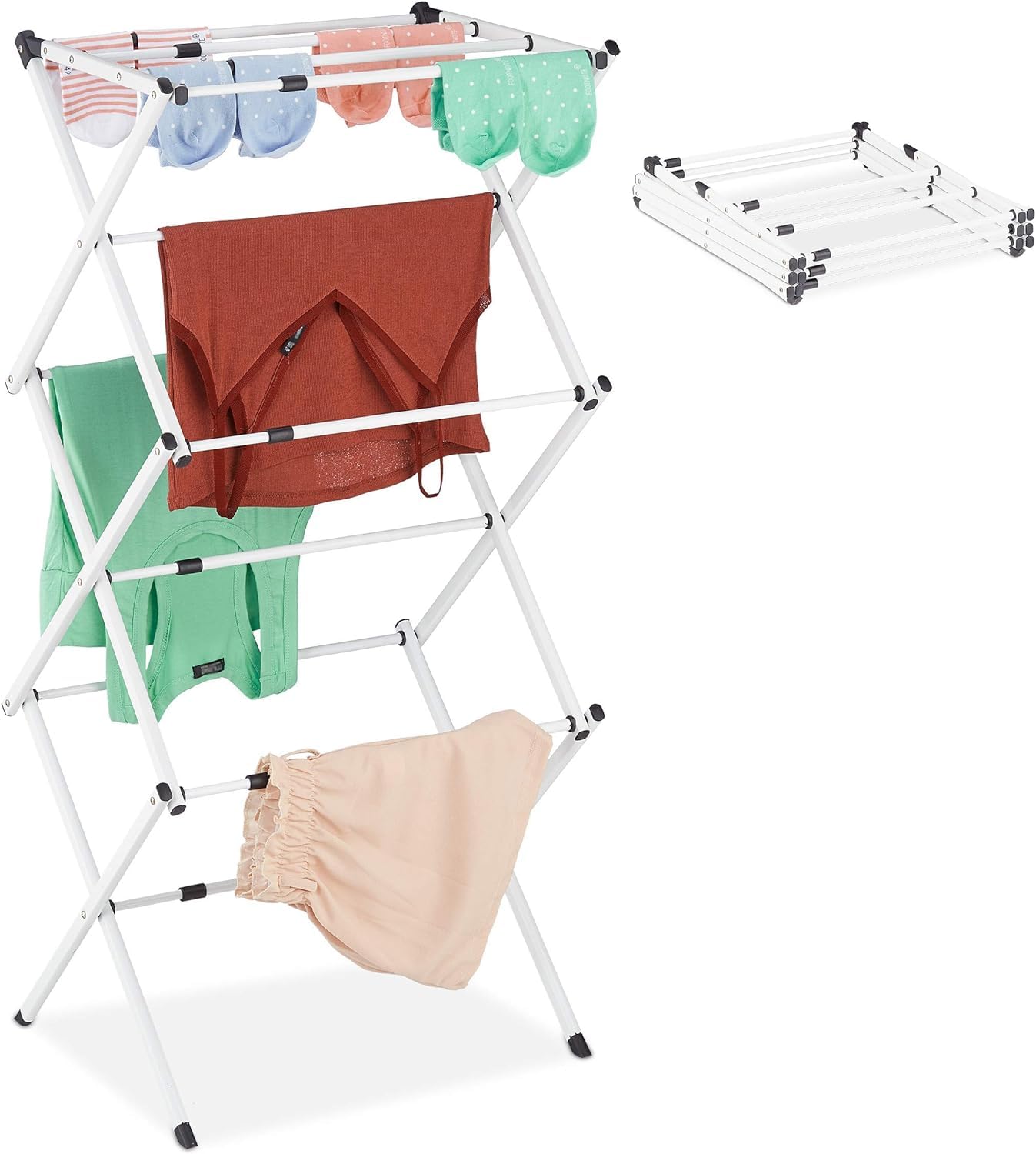 Lukzer 3-Tier Foldable Metal Drying Rack, Expandable Laundry Rack, Double Rust Prevention, Indoor/Outdoor Clothes Dryer, No Installation Needed, Black (105x74x37cm/White)
