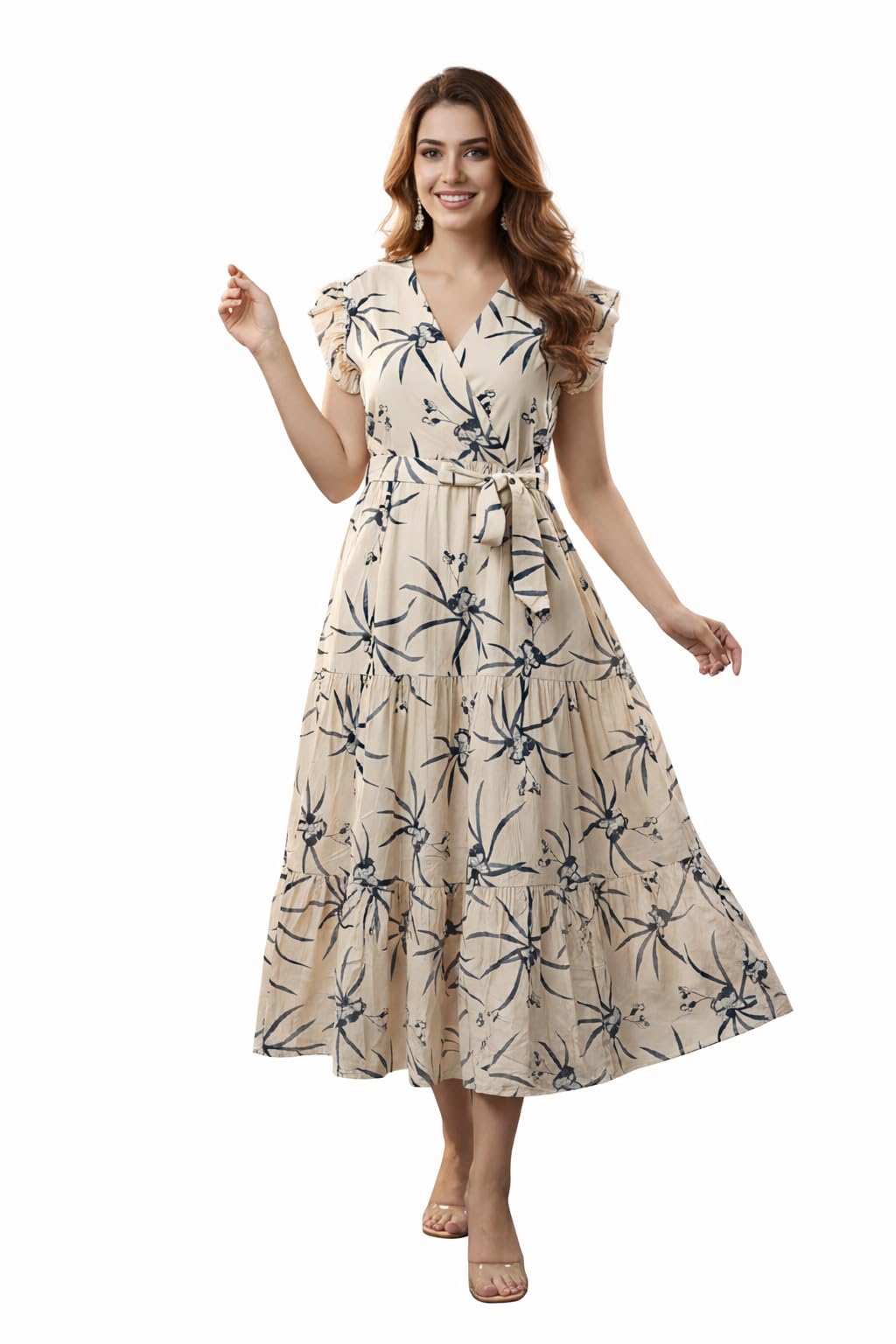Gianna Western Dress for Women Party | Knee Length One Piece Floral Print Wrap V Neck with Ruffle Sleeve | Fit & Flare Midi - Casual, Office, Daily, Vacation & Outing Wear for Girls & Ladies (XL)