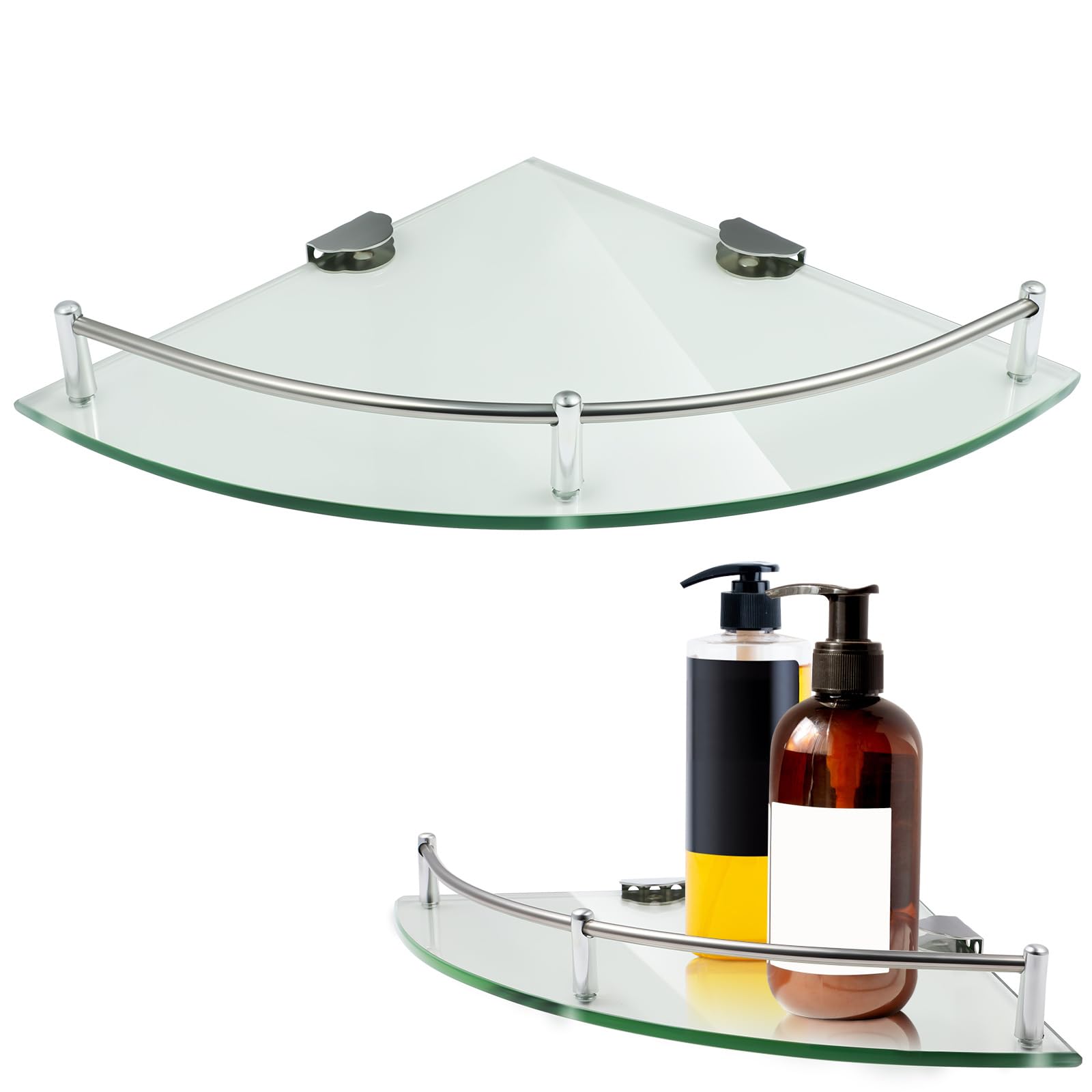 Amosfun 2pcs Glass Corner Shelf, 24x24cm Wall Mounted Shower Shelves with Rail
