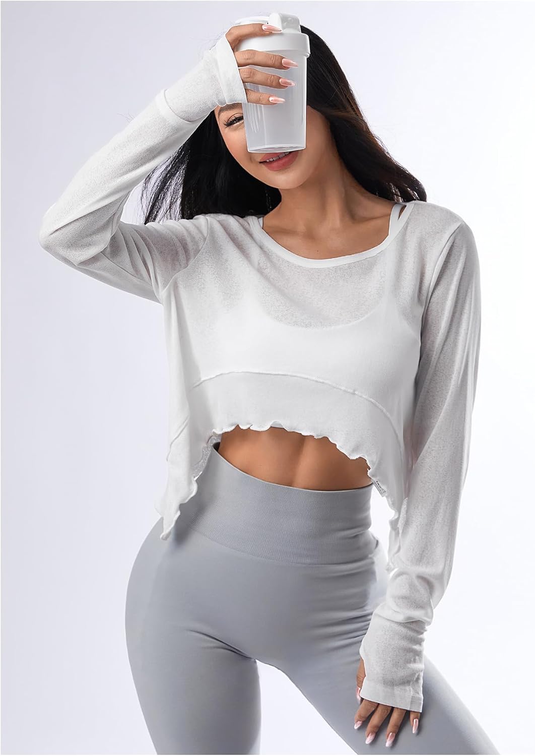 SweatyRocks Women's Long Sleeve Workout Shirt Sheer Asymmetrical Athletic Crop Tops - Image 4
