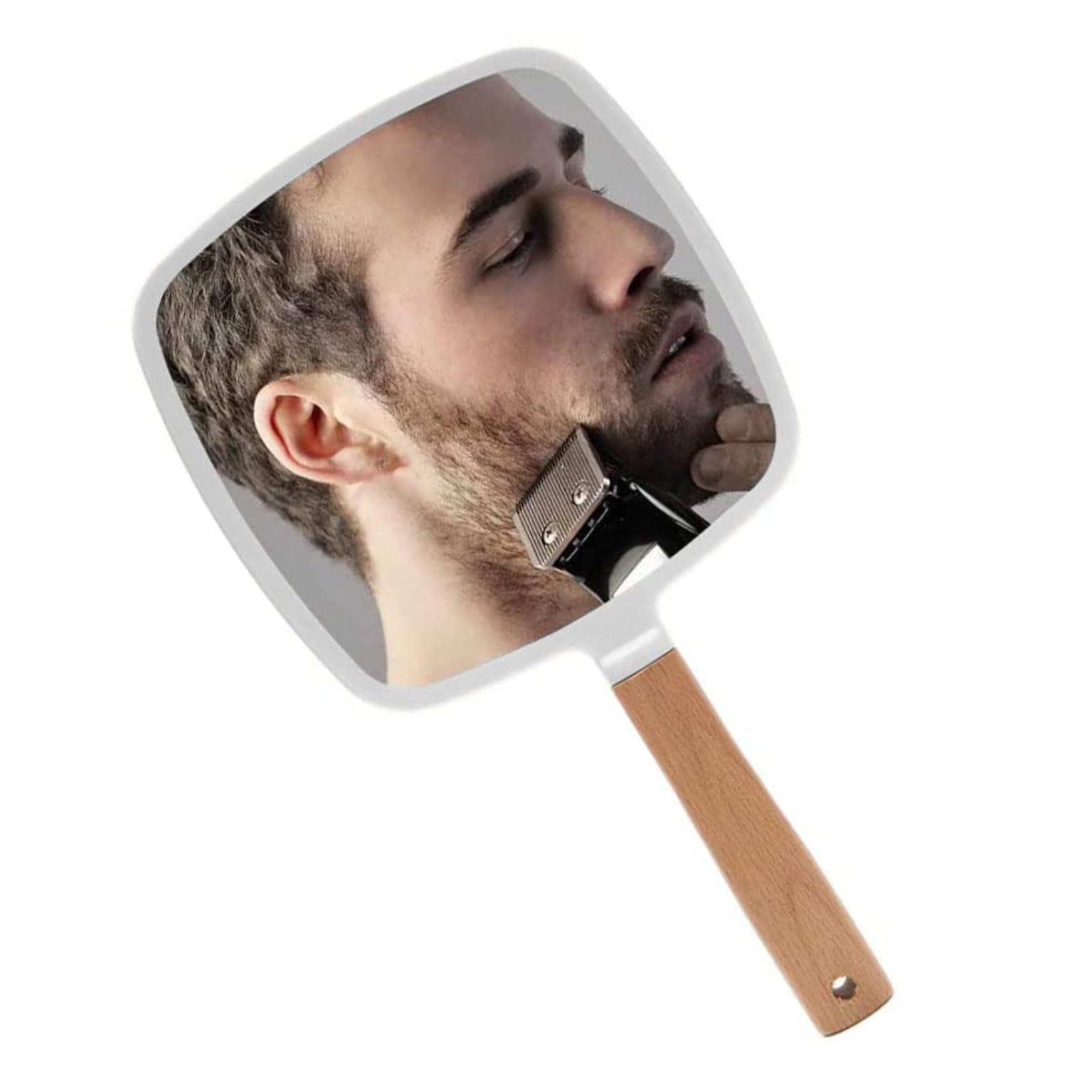 WE-CEF Handheld Makeup Dresser Mount Mirror with Handle, Small Cute Wooden Shaving Mirror with Single Side Hanging Hole, Travel Portable for Men Women (Square, White Pack of 1)