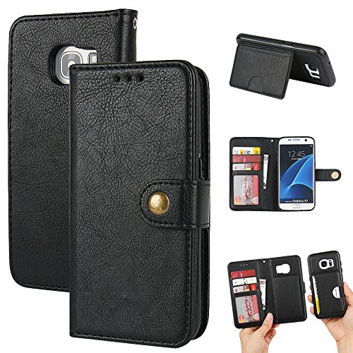 MTRONX Funda Samsung Galaxy S7, Desmontable 2 en 1 Cierre Magnetico con Soporte Stand, Porta Tarjetas y Billetes Cartera Cover Carcasa Case Caso Prima PU Cuero Contraportada - Negro(RW-BK)