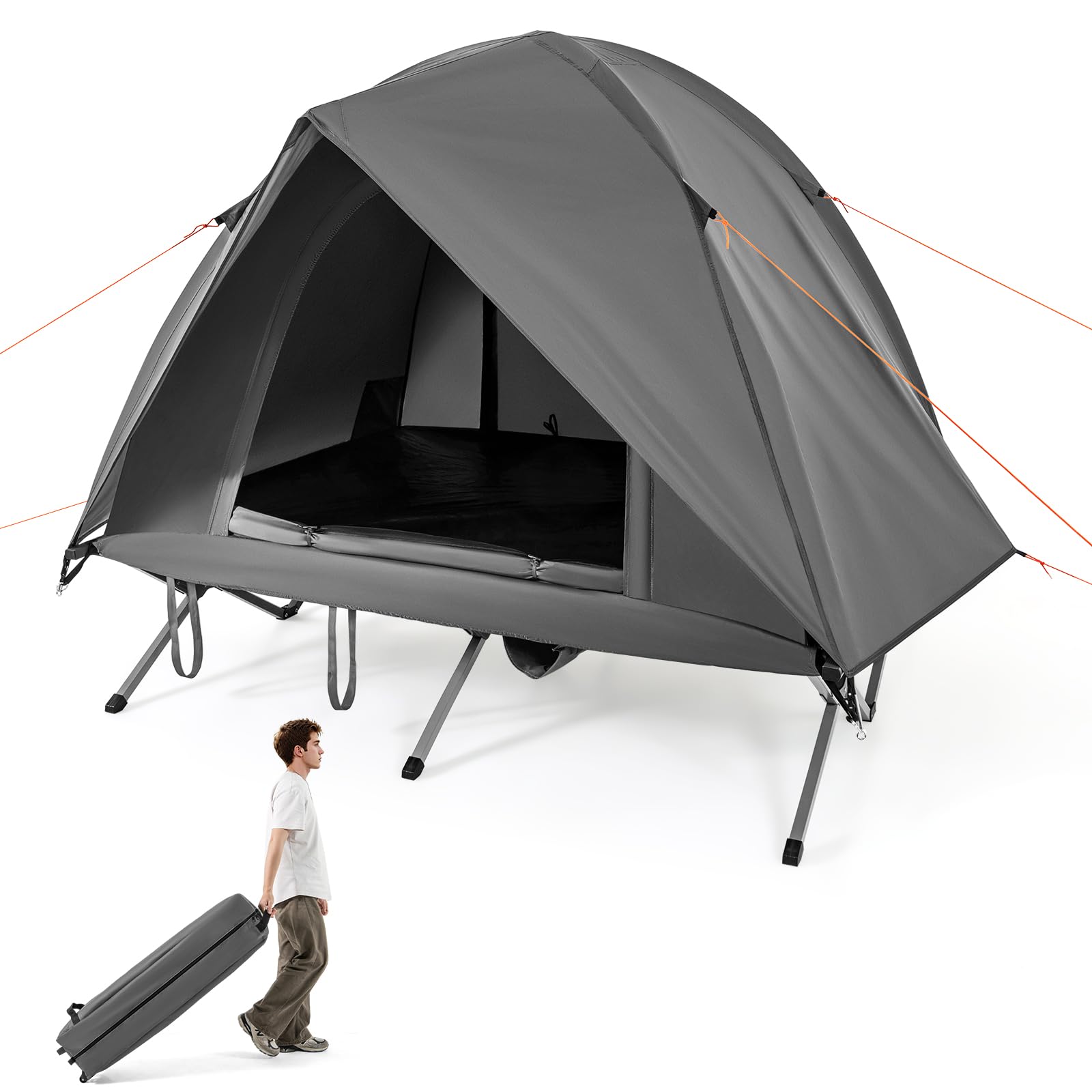 TANGZON 2-Person Camping Tent, Outdoor Off Ground Elevated Tent with Bed Cot, Wheeled Bag, Waterproof Rainfly & 2 Mesh Doors, Folding Camping Cot Combo (Round, Grey, 194 x 145 x 150 cm)