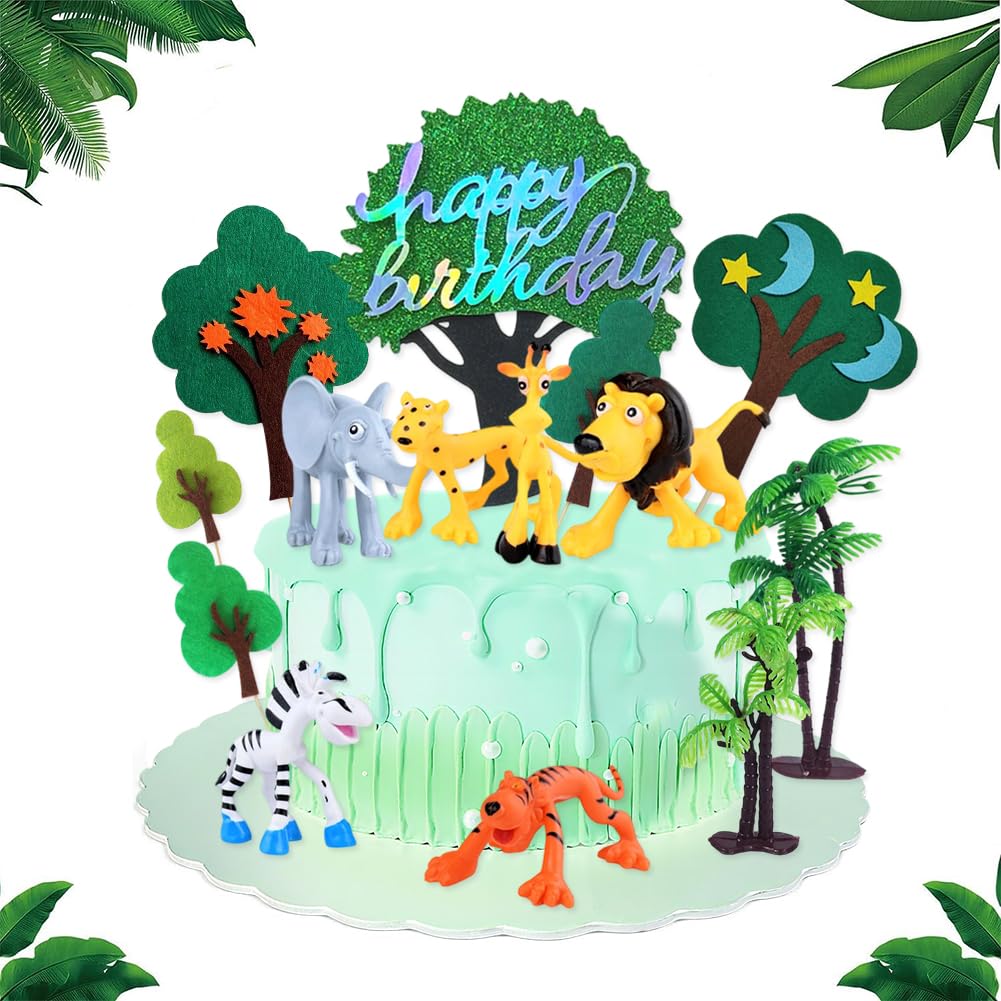 Animal Cake Ornaments, 14pcs Safari Animal Figures Toy, Giraffe,Leopard, Elephant,Lion, Zebra, Tiger Cake Topper, for Kids Cake Home Decoration Birthday Gifts