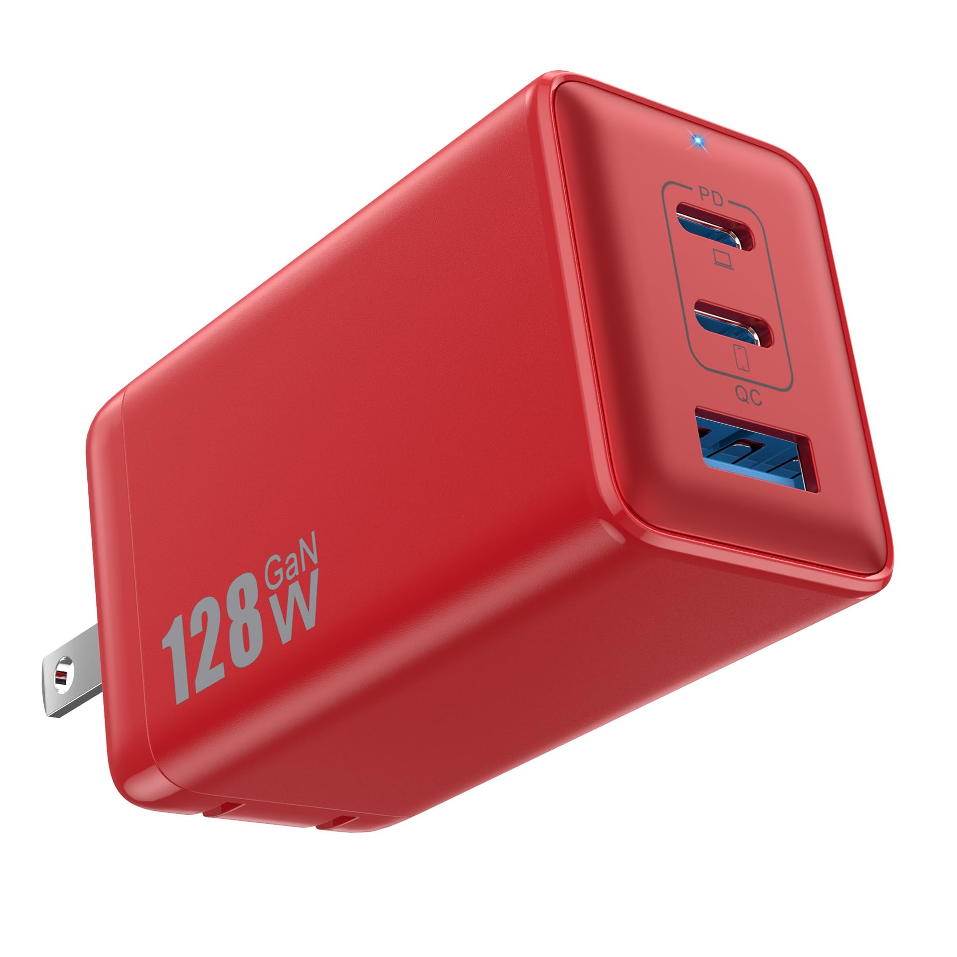 128W USB C Wall Charger,GaN III 3-Port Fast Charging Station,PD QC Foldable Charger Block Portable 65W USB C Laptop Adapter for MacBook Pro/Air,iPad Pro,Galaxy S23,Dell XPS 13,iPhone 14/Pro etc (Red)