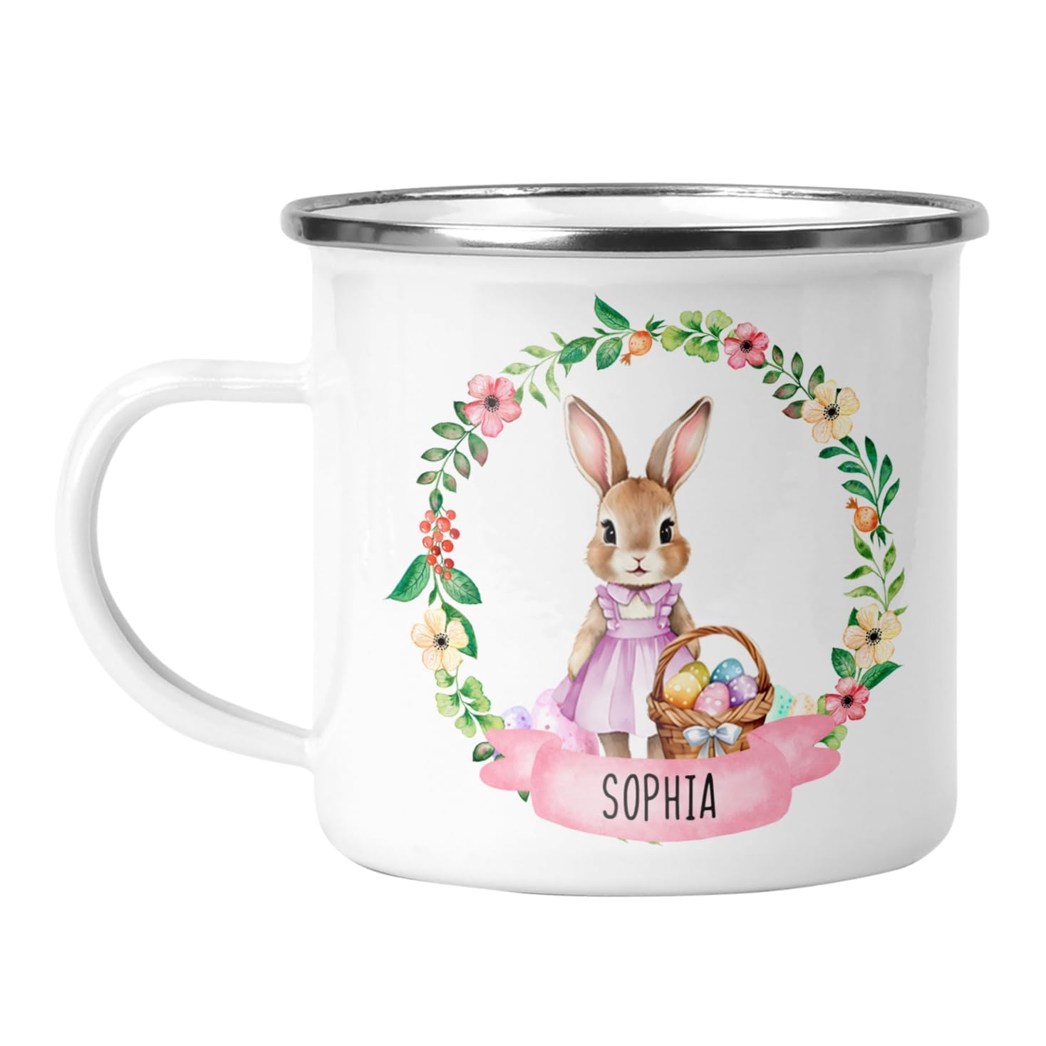 – Personalised Pink Easter Bunny Enamel Mug with Name - Custom Girls Easter Cup - Cute Kids Hot Chocolate Mug - Easter Gift for Girls - Egg Hunt Keepsake - Bunny Mug for Children (Enamel, Pink)