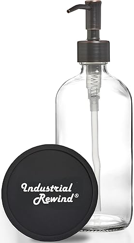 Dispensador de jabón transparente con bomba de jabón o loción de bronce aceitado. El dispensador de vidrio de 8 onzas viene con posavasos