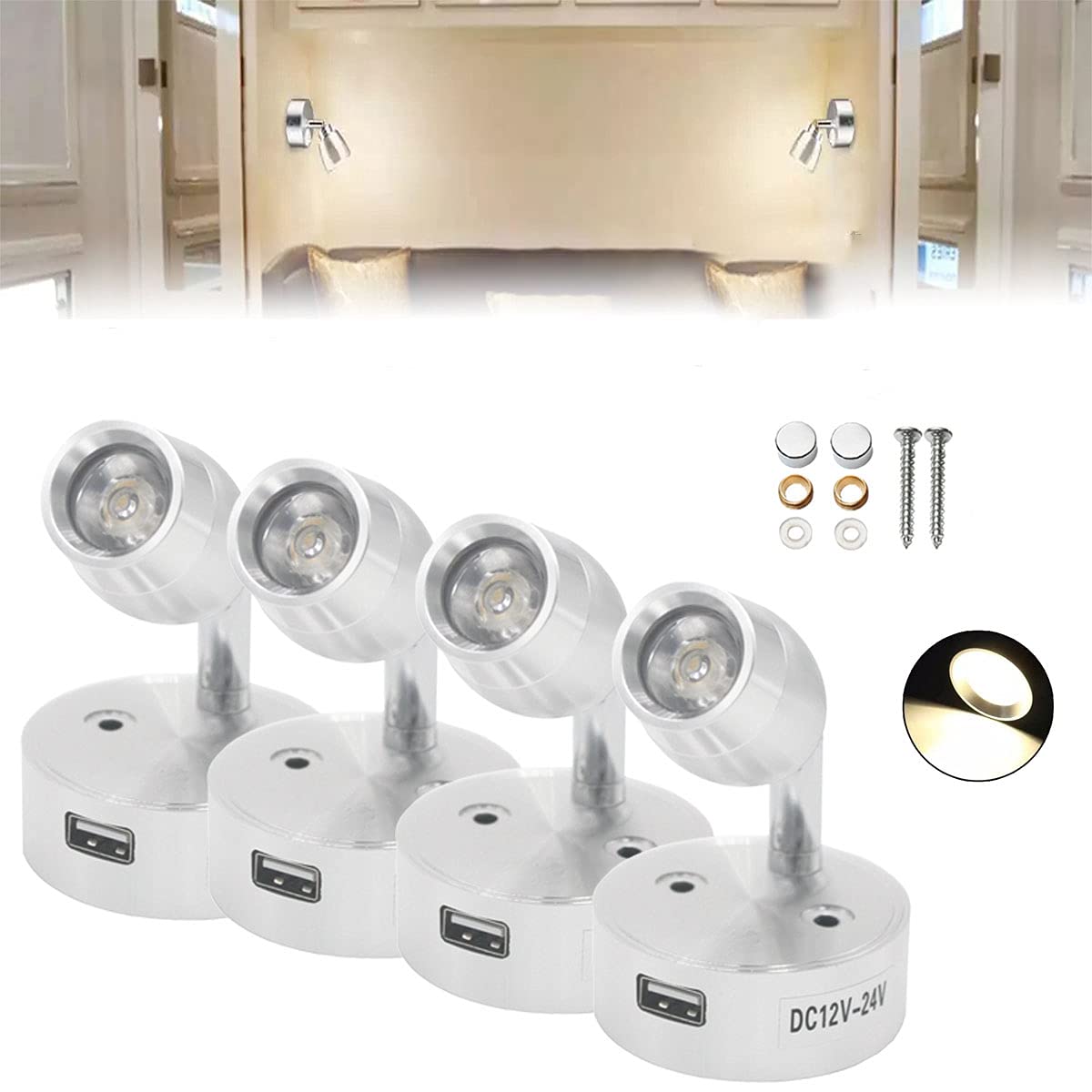 4 luces LED de 12 V para lectura de puntos interiores con puerto de alimentación USB, control táctil y cabezal ajustable para furgoneta, caravana, barco, RV, bombillas para coche (blanco cálido)
